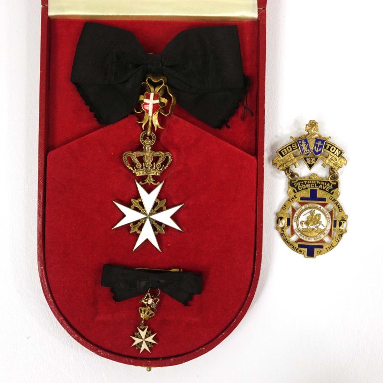 Knights Templar Medal & 1895 Conclave Badge: Knights Templar Maltese Cross medal & 1895 triennial conclave badge. In original presentation box. Includes full medal and small medal. Your mother would be proud of you.