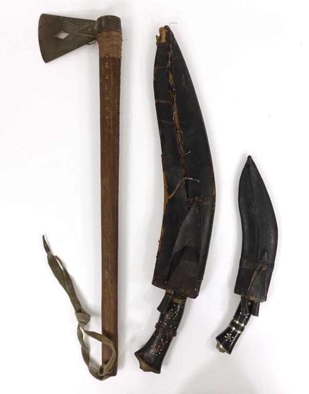 Gurkha Knives and Axe: Large knife is 24" long overall; blade is 18" long. ***Be careful with the larger knife as the scabbard is split.*** Smaller knife is 13" long overall; blade is 9" long. Axe is 24 1/4" long with 3 1/2