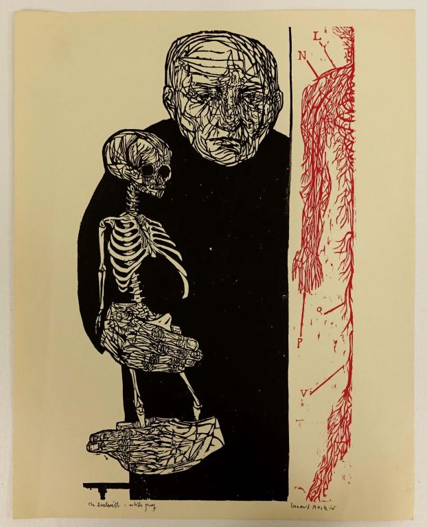 Leonard Baskin Wood Cut Litho: "The Anatomist" (AP): Signed Artist's Proof Copy of woodcut. Comes in paper folder for ARS Medic Event in Philadelphia 4/14/1970. Letters "DH" written at upper left corner and cover shows some overall wear. 11" x 14".