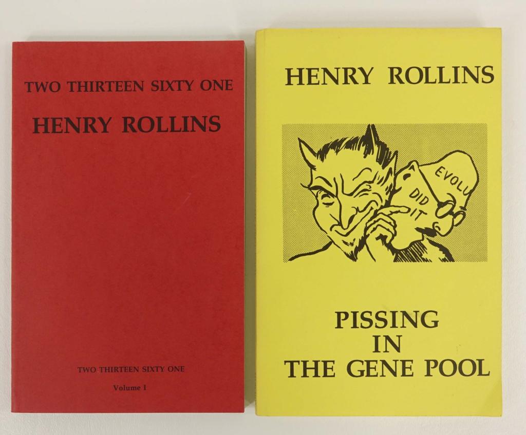 RARE Henry Rollins Softcover Books: ULTRA RARE Illiterati Press Henry Rollins books. "Two Thirteen Sixty One, Volume 1" has green pages; "Pissing in the Gene Pool" has Yellow Pages WITH an original red paper insert about mistakes (?) in
