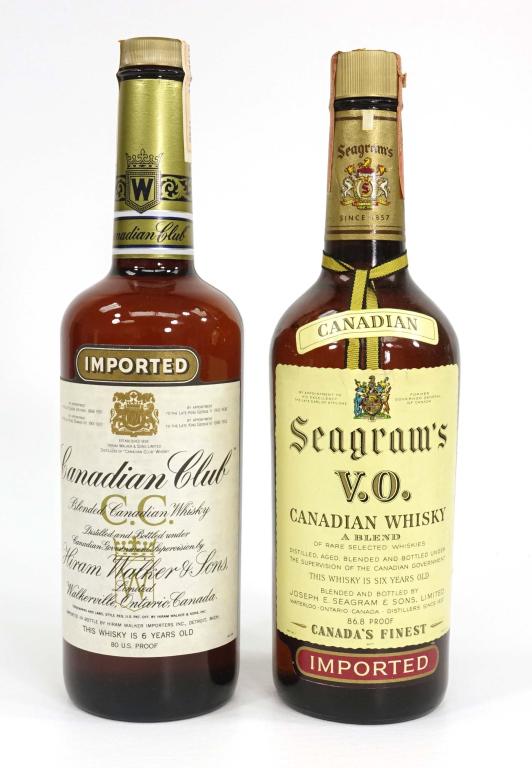 Seagram's VO & Canadian Club Whisky Bottles (2): IF YOU MAY NEED SHIPPING YOU MUST SPEAK WITH IAN BEFORE BIDDING ON BOTTLES. 1962 Seagram's VO, 1980 Canadian Club, 80 proof.