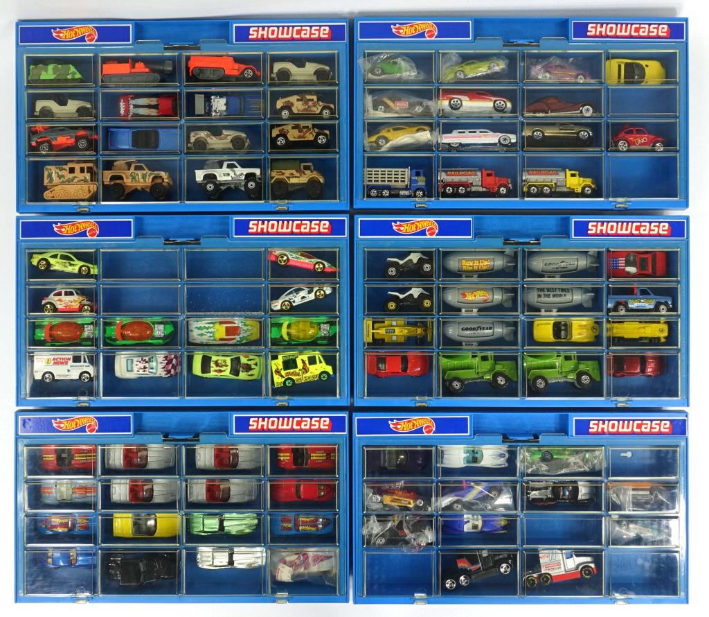 Hot Wheels: Vintage Showcases with Cars: Six plastic 1981 Hot Wheels "Showcase" cases. 86 vehicles total, assorted from 1970s, 80s, 90s. ***The cases have a pungent odor.***