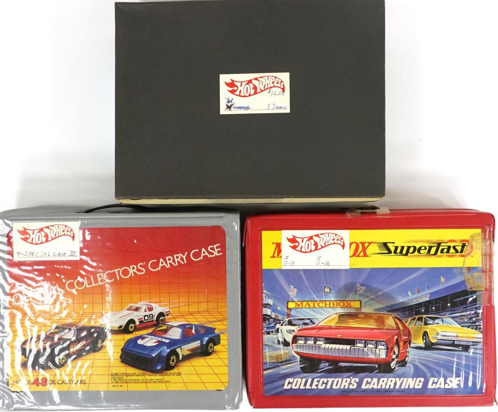 Hot Wheels: 120 Assorted Vehicles: 2 large vintage carrying cases & 1 cardboard box filled for a total of 120 assorted Hot Wheels vehicles (from 1970s, 80s, & 90s) in trays. 1 case contains some "Scorchers." ***Cases have an odor to th