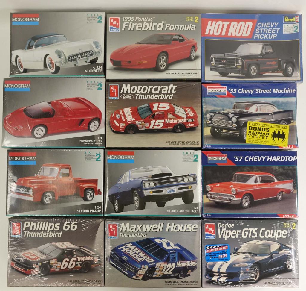 12 Sealed Model Car Kits: Assorted models in shrinkwrap. Some boxes damaged & dented; consult pictures accordingly. Including: White '53 Corvette & '57 Chevy Hardtop.