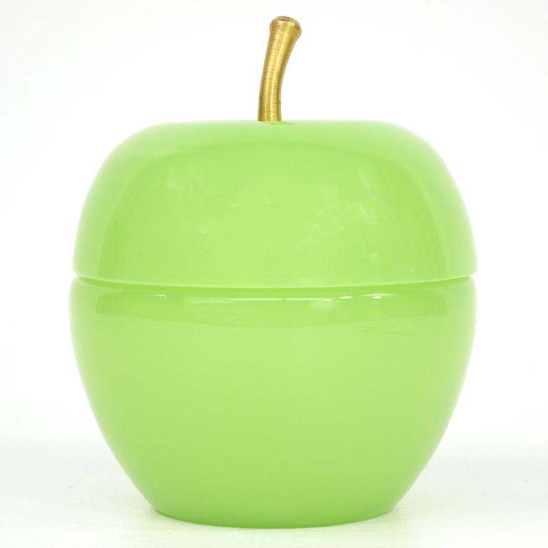 Opaline Glass & Gilt Bronze Covered Dish, France: Opaline glass and gilt bronze covered green apple dish. France.