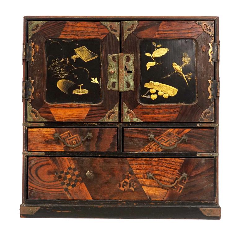Antique Japanese Jewelry Box: Antique Japanese lacquer and parquetry jewelry box. 19th century. With 9 drawers. The bottom drawer has one handle broken off, but handle is present. No key.