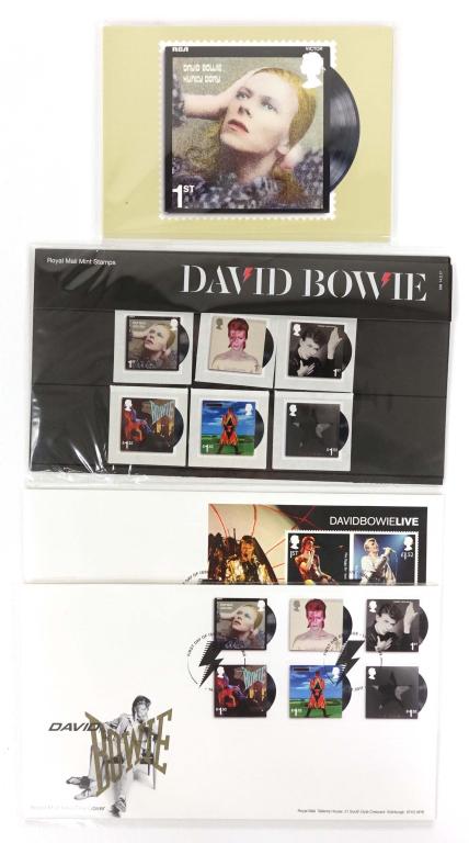 David Bowie 1st Day Cover, Stamps & Postcards: David Bowie Royal Mail First Day Cover (2), Royal Mail Mint Stamps and Royal Mail Postcards.