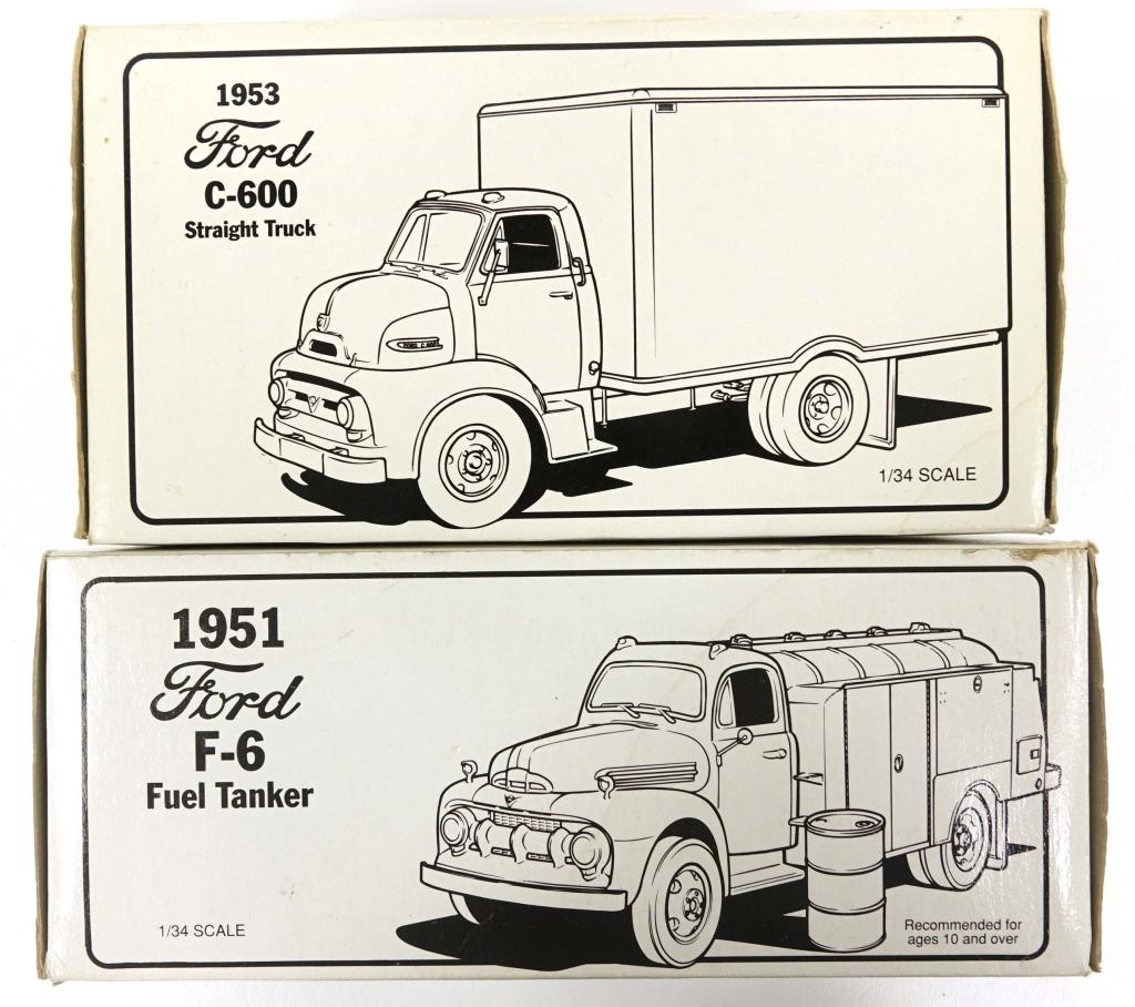 2 Die-cast Metal Trucks: 2 die-cast metal trucks made by First Gear, Inc. (1992 & 1994). Includes a 1951 Ford F-6 Fuel Tanker & a 1953 Ford C-600 Straight truck. Both models are 1:34 scale and in excellent condition with orig