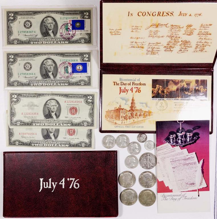 $2 Bills, Silver Coins, and First Day Covers: Stamped $2 from 1976 (2) *** and *** 1963 $2 red seal notes (2) *** and *** 1964 Kennedy Half Dollar *** and *** 1944 Walking Liberty Half Dollars, 1966, 68, 69 40% silver Kennedy half dollars *** 4 s