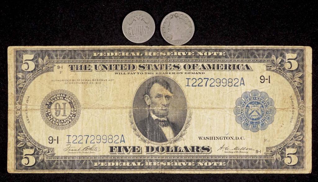 1914 $5 Federal Reserve Note: 1914 $5 Federal Reserve Note issued by the Federal Reserve Bank of Minneapolis. this lot also includes an 1868 Shield Nickel and 1910 Liberty Nickel.