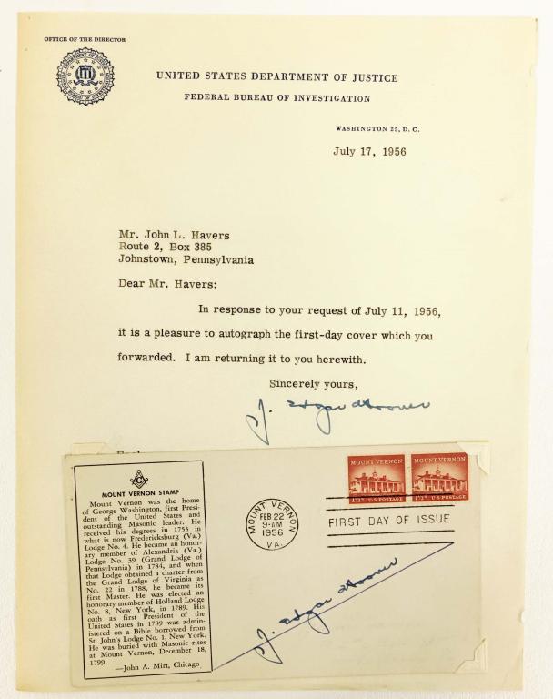J. Edgar Hoover Autographs: Letter and stamped cover. ** Lot 14 makes the following guarantee: If either Professional Sports Authenticator (PSA) or Beckett Global, or James Spence Authentication (JSA) reviews this autograph that