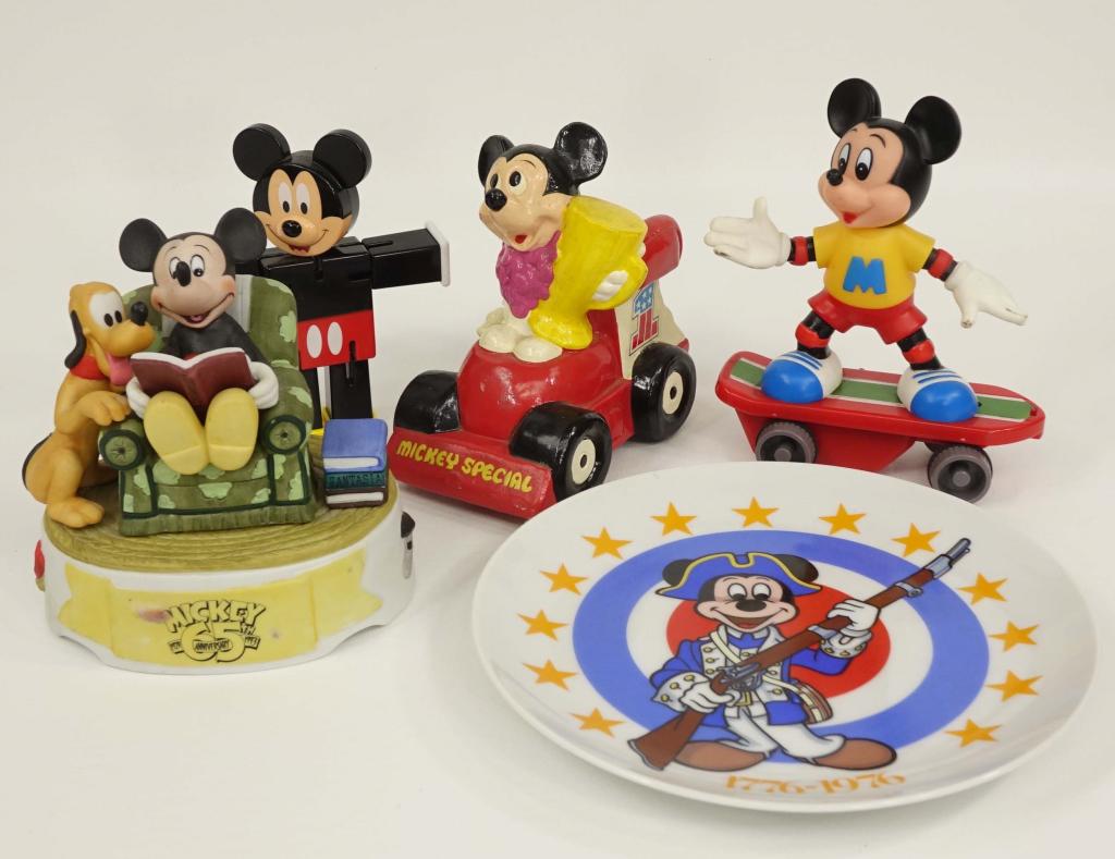 Mickey Mouse / Disney Vintage Lot: 5 items. UCGC Mickey Mouse in car. Most are Japanese toys. Collectible Disney plate.