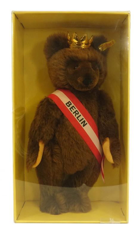 Steiff Berlin Bear: Steiff Berlin Bear with Goldplated Crown (24 carats). Genuine Mohair made in West Germany in 1985. Excellent condition still in original box. 15in. X 8in.