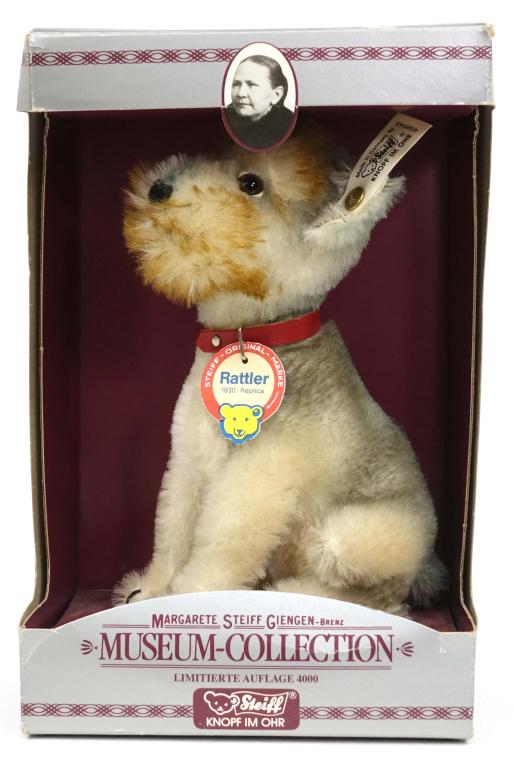Steiff 1930 Rattler Replica: Steiff 1930 Rattler Replica. Limited edition only 4,000 made total. Manufactured in Germany 1992. Great condition with some wear to original box. 9in. X 6in.