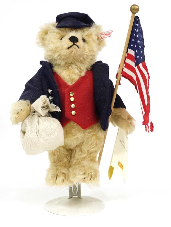 Steiff New American Bear: Steiff James New American Bear. Limited edition only 1,896 made total. Made in Germany 2002. 23cm (9") tall. Pristine condition with original box and certificates.