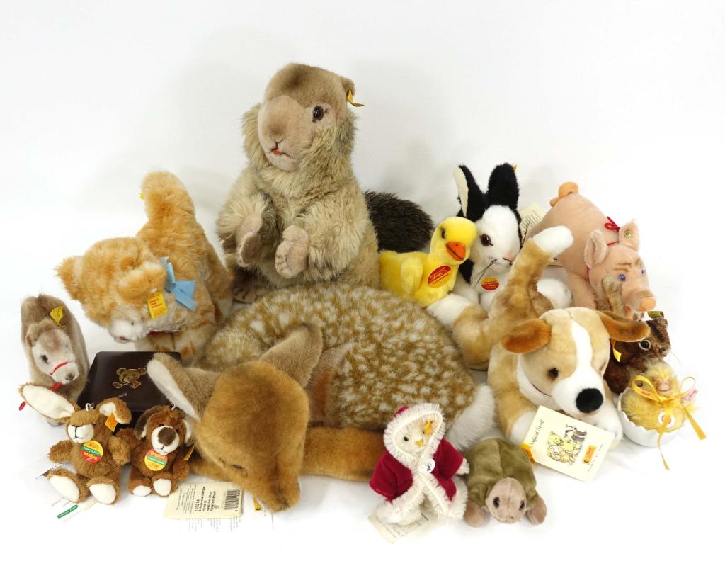 Assortment of Steiff Toys (15): Assortment of 15 different Steiff Toys. Includes various different toys all of which have model numbers attached to them. They are (#1831/38), (#2728/17), (#0346/30), (#668708), (#2982/17), (#035197),