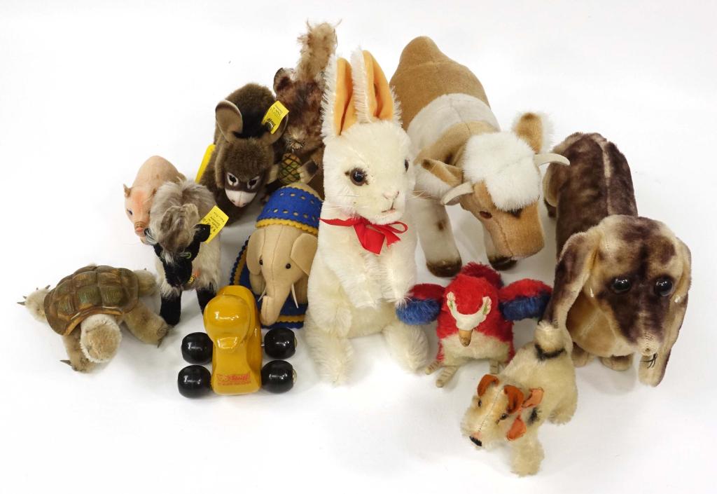 Steiff Assorted Toys Lot (12): Steiff Assorted Toys Lot. Contains 12 different stuffed animals none of which have their original tags. Other than that, they seem to be in good condition. NOTE: The Dachshund has no tags, no button. 