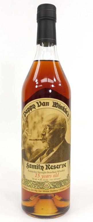 15-Year Pappy Van Winkle Family Reserve: ***IF YOU MAY NEED SHIPPING YOU MUST CALL IAN BEFORE BIDDING ON BOTTLES! 847-625-0555*** 15-year Pappy Van Winkle Family Reserve bourbon whiskey bottle. Laser etching is present but unreadable. 750 ml