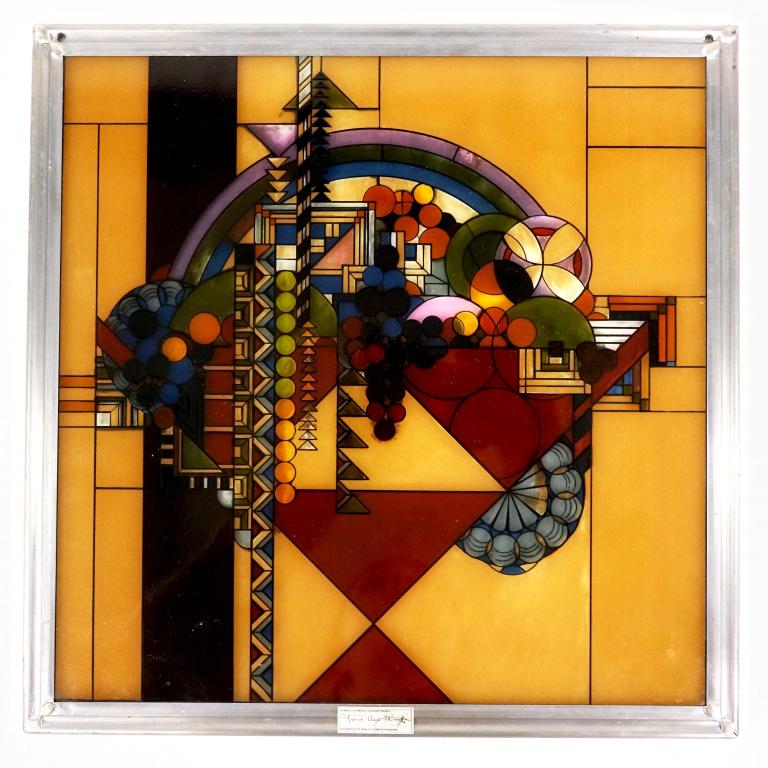Frank Lloyd Wright Stained Glass Window Panel: Frank Lloyd Wright stained glass window panel. 11 3/4 x 11 3/4".