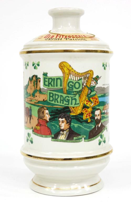 Old Fitzgerald Irish Patriots Bottle: 1971 Stitzel Weller. Missing top, broken strip and cork. 100 proof. 4/5 quart.