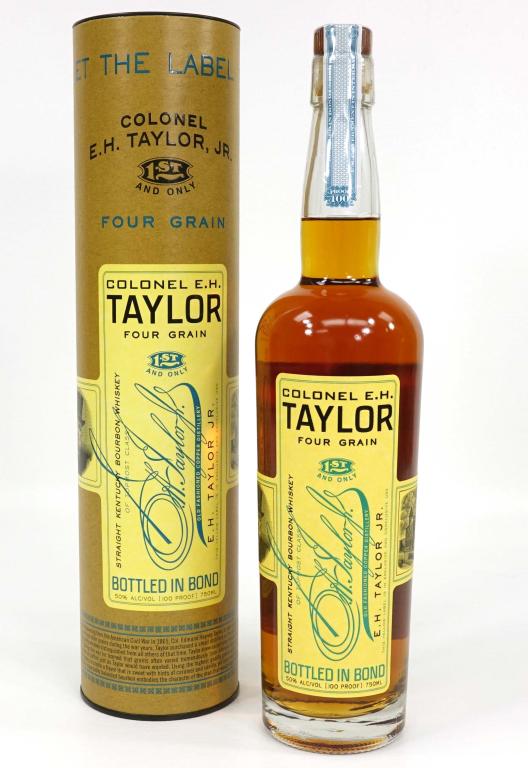 Col. E.H. Taylor Four Grain Bourbon Whiskey: IF YOU MAY NEED SHIPPING YOU MUST SPEAK WITH IAN BEFORE BIDDING ON BOTTLES. Colonel E.H. Taylor Four Grain Old Fashioned Copper, 1 1/2" above shoulder. Bottle with canister and lid. Bottled in bond. C