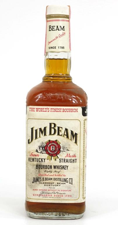 Vintage Jim Beam Bottle: IF YOU MAY NEED SHIPPING YOU MUST SPEAK WITH IAN BEFORE BIDDING ON BOTTLES. 4-years old. No series # on strip. Sealed. 80 proof, 750 ml.