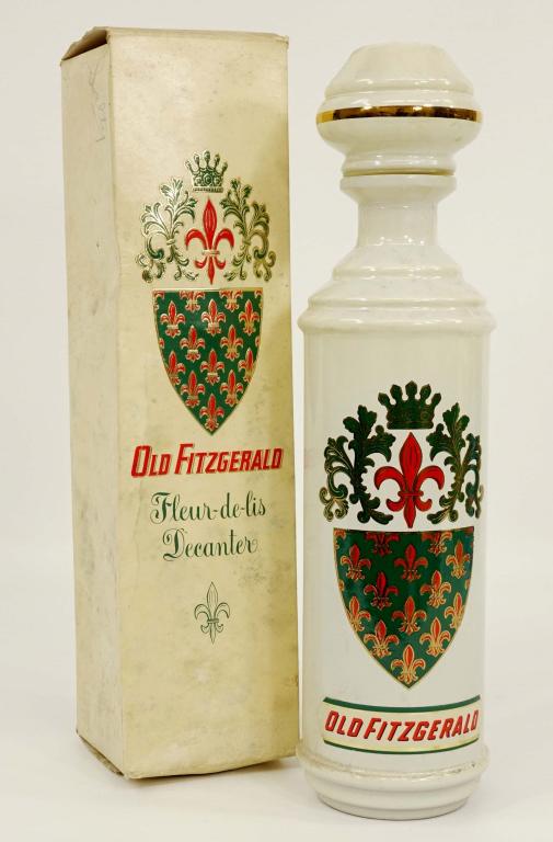 1962 Old Fitzgerald 6-Year Bonded Whiskey Decanter: IF YOU MAY NEED SHIPPING YOU MUST SPEAK WITH IAN BEFORE BIDDING ON BOTTLES. 1962. Fleur de Lis decanter. Stitzel Weller. Spring 1956- Fall 1962. 100 proof, 4/5 quart.