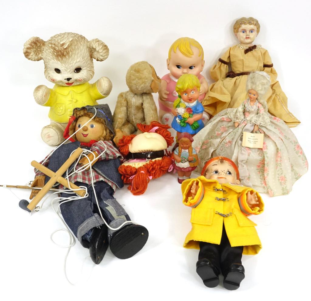 Minerva Tin Doll & Doll Assortment: Including 1967 Uneeda Doll Co. "Plumpees," 1962 Edward Mobley Co. Sleeping Bear, W. German rubber doll with flowers, fishing boy marionette.