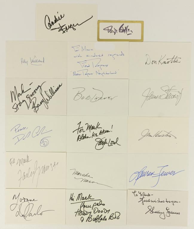 Autographed Index Cards (17): Candice Bergen, Ray Milland, Fred Rogers, Don Knotts, Barry Williams, David Carradine, Farley Grangel, Yvonne DeCarlo, Buffalo Bob, Jack Lord, Marsha Mason, Bob Denver, James Stewart, John Huston, She