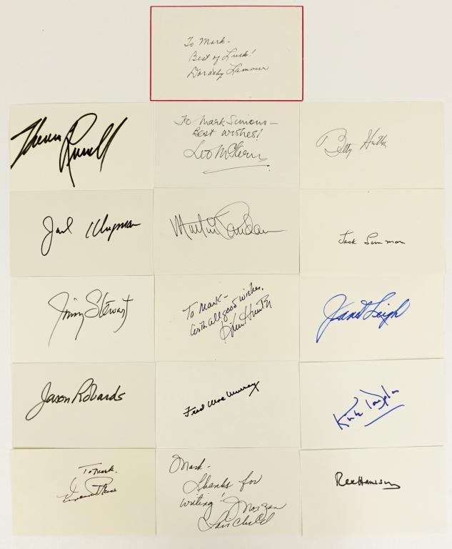 Autographed Index Cards (16): Kirk Douglas, Janet Leigh, Jack Lemmon, Betty Hutton, Kim Hunter, Fred MacMurray, Leo McKern, Martin Landau, Jason Robards, Jimmy Stewart, Jane Wyman, Theresa Russell, Rex Harrison, Morgan Fairchild,