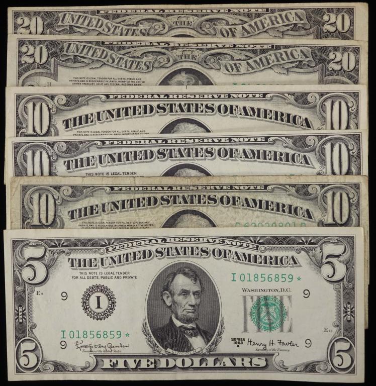 1950's & 60's Bank Notes - $75 face value (6): 6 1950's/60's bank notes: 1950-B $20 bank notes (2) *** and *** 1950-B $10 bank notes (2) *** and *** 1950-A $10 bank note *** and *** 1963-A $5 star note. $75 face value on the notes.