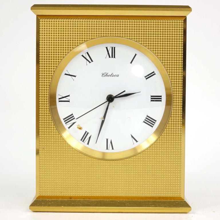 Classic Chelsea Desk Clock: Classic Chelsea Desk Clock. Crafted in brass. Personalized to The Denver And Rio Grande Western Railroad Company. Untested. Missing battery.