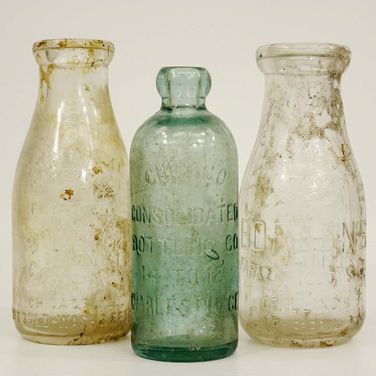 Antique Chicago Glass Bottles (3): 1902-04 Chicago Consolidated Brewing Co. 6 1/2" blob-top bottle. Bowman Dairy Co. 7 1/4". Borden's Farm Products 7" - Chicago.