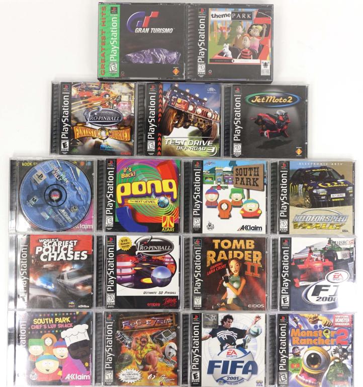 PlayStation 1 Games (17): PlayStation 1 Games. Includes 17 different titles World's Scariest Police Chases, South Park Chef's Luv Shack, South Park, South Park Rally, Need For Speed V-Rally, Gran Turismo, Jet Moto 2, Tomb Raid