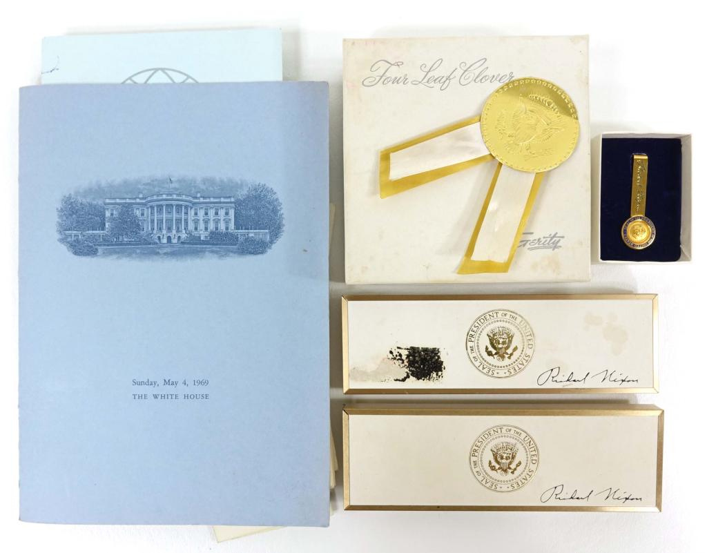 President Richard Nixon Ephemera: President Richard Nixon Ephemera. Includes (2) Official White House Inaugural Pens, (1) Gerity Official White House Makeup Compact, several personalized invitations to various White House events such 