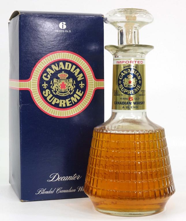 Canadian Supreme Blended Whisky Decanter: IF YOU MAY NEED SHIPPING YOU MUST SPEAK WITH IAN BEFORE BIDDING ON BOTTLES. Canadian Supreme Blended Whisky Decanter. 6 Years Old. Seal intact.