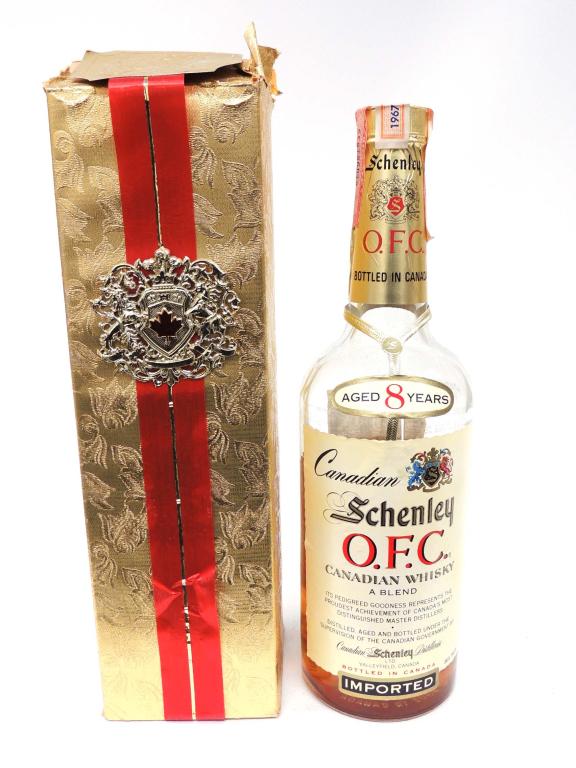 Schenley O.F.C. 8 Year Blended Whiskey Bottle: ***IF YOU MAY NEED SHIPPING YOU MUST CALL IAN BEFORE BIDDING ON BOTTLES! 847-625-0555*** Low fill. 86.8 Proof. Aged Oct. 1967 - Oct. 1975 (Bottled). In box