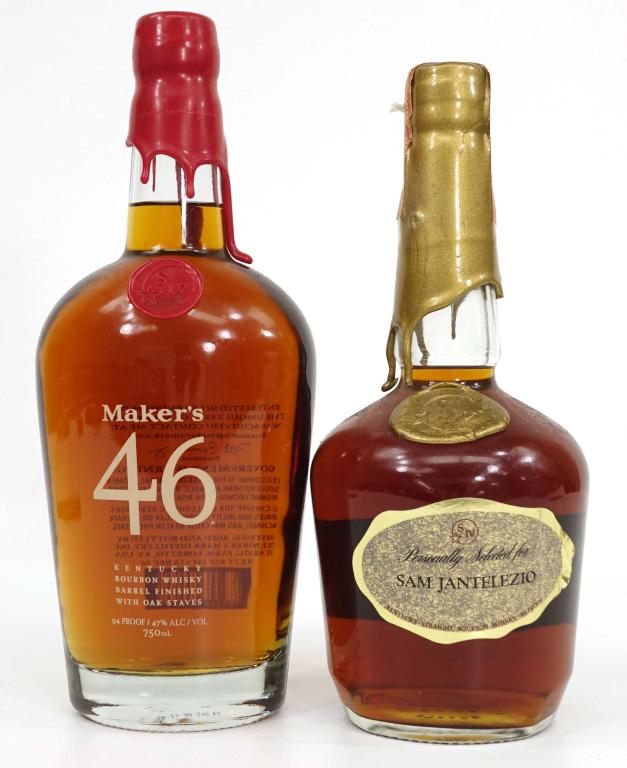 Maker's 46 Whisky: IF YOU MAY NEED SHIPPING YOU MUST SPEAK WITH IAN BEFORE BIDDING ON BOTTLES. Sealed. SIV Bourbon Whisky, sealed with strip. (2). 94 and 80 proof.
