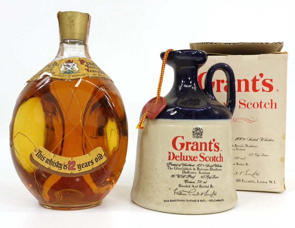 Pinch Haig & Haig Scotch and Grant: IF YOU MAY NEED SHIPPING YOU MUST SPEAK WITH IAN BEFORE BIDDING ON BOTTLES. Pinch Haig & Haig Scotch Whisky, 12 year old, sealed with strip. Grant's Deluxe Scotch with box.