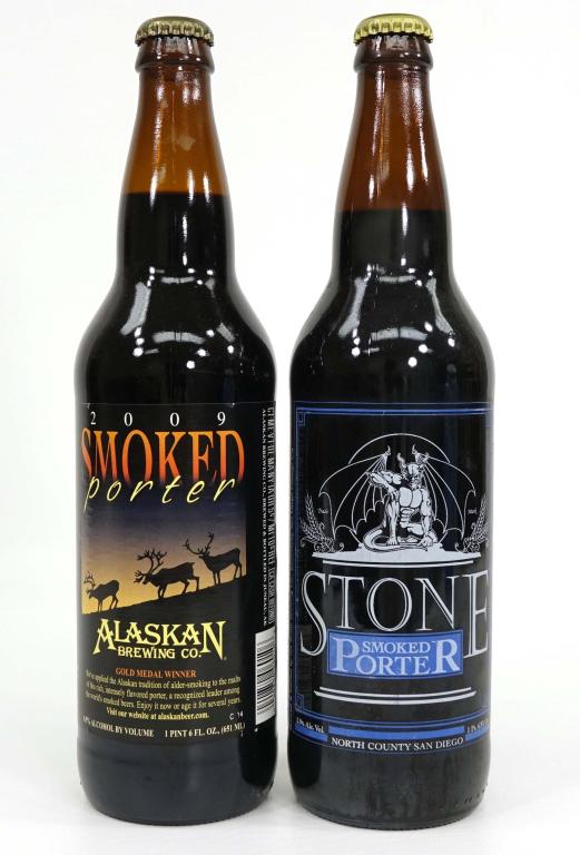 2 Porter Bottles: IF YOU MAY NEED SHIPPING YOU MUST SPEAK WITH IAN BEFORE BIDDING ON BOTTLES. 2009 Smoked Porter Alaskan Brewing Co., 6.5% alc. Stone Smoked Porter, 5.9% alc.