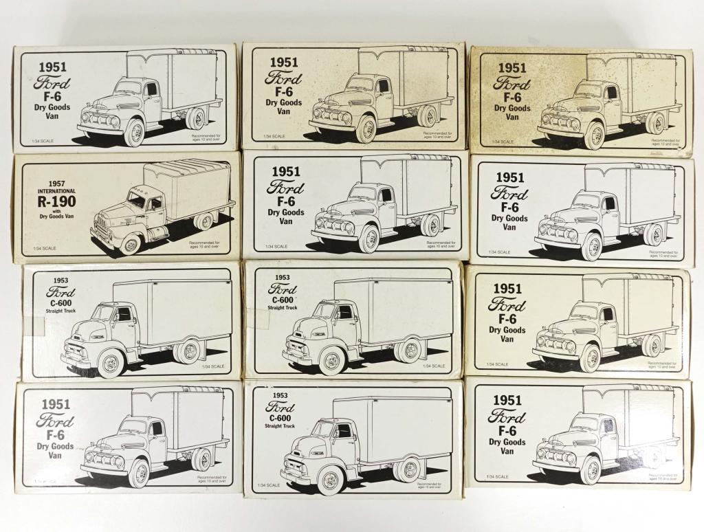 First Gear Die-cast Replica Trucks (12): First Gear Die-cast Replica Trucks. Includes 12 trucks with various different models. Contains the Ford F-6, Ford C-600 & R-190.