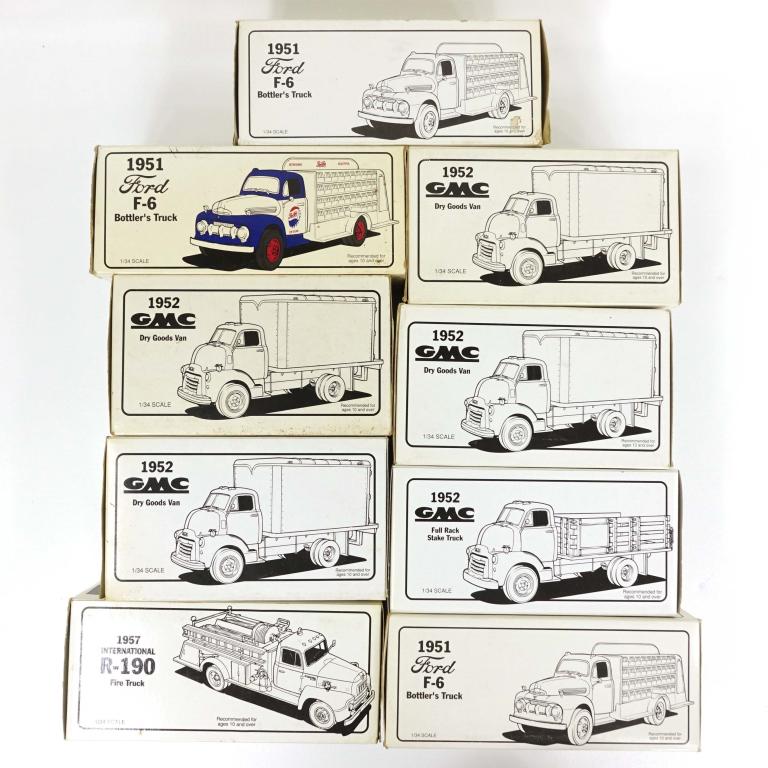 First Gear Die-cast Replica Trucks (9): First Gear Die-cast Replica Trucks. Includes 9 trucks total with various different makes and models. Contains the 1952 GMC Dry Goods Van, 1951 Ford F-6 Bottlers Truck, 1957 International R-190 Fire Tr