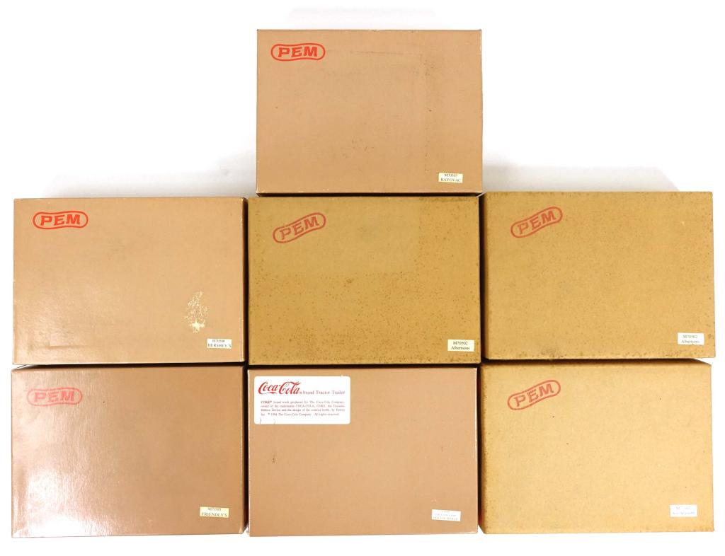 PEM Die-cast Trucks (7): PEM Die-cast Trucks. Includes various different models such as Southeastern (M71502), (2) Albertsons (M70502), Coca-Cola T600 Tractor Trailer (C70501), Hershey's (H70500), RAYOVAC (M70503) & Friendly'