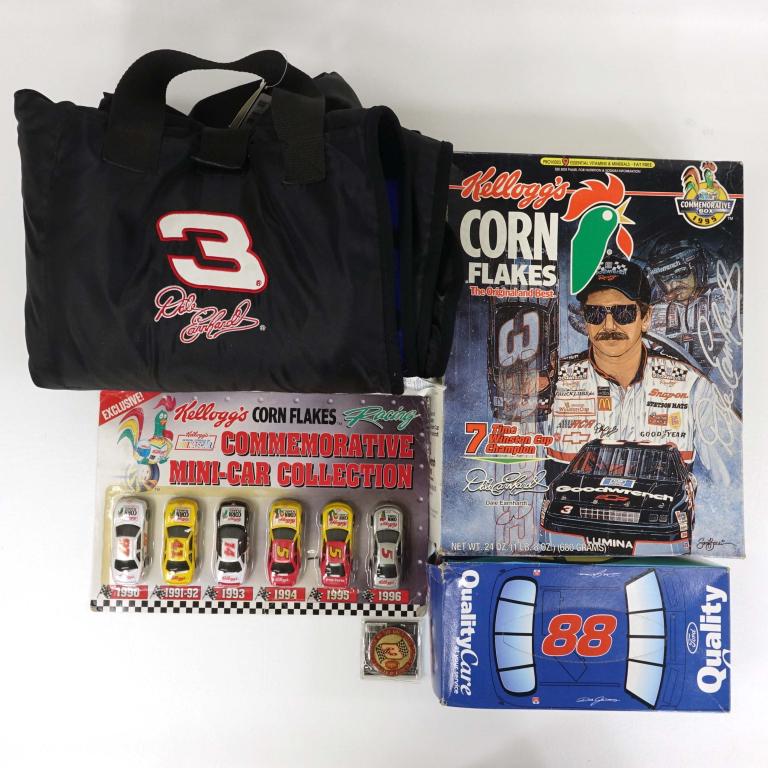 Assortment of Nascar Products: Assortment of Nascar Products. Includes a vintage Kelogg's Box with Dale Earnhardt (unopened), a Dale Earnhardt Picnic Blanket, Dale Jarret Tissue Box (unopened) & a Kelogg's Commemorative Mini-Car Di
