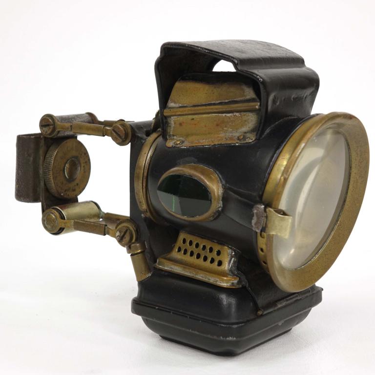 Lucas King of the Road Bike Lantern: Bicycle / motorcycle kerosene lantern. Late 19th century/early 20th century. Does not clasp shut. All lenses and jewels are intact. May be missing manufacturer's top plate.