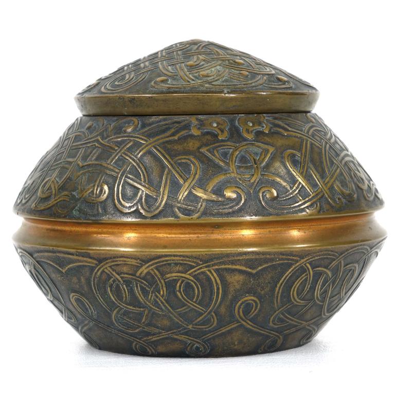 Marshall Field & Co. Bronze Art Nouveau Inkwell: Arts & Crafts Style by W. L. Mason. NOTE - Photo of stamp under lid indicating Marshall Fields' Craft Shop added 12:30p, 12/17.
