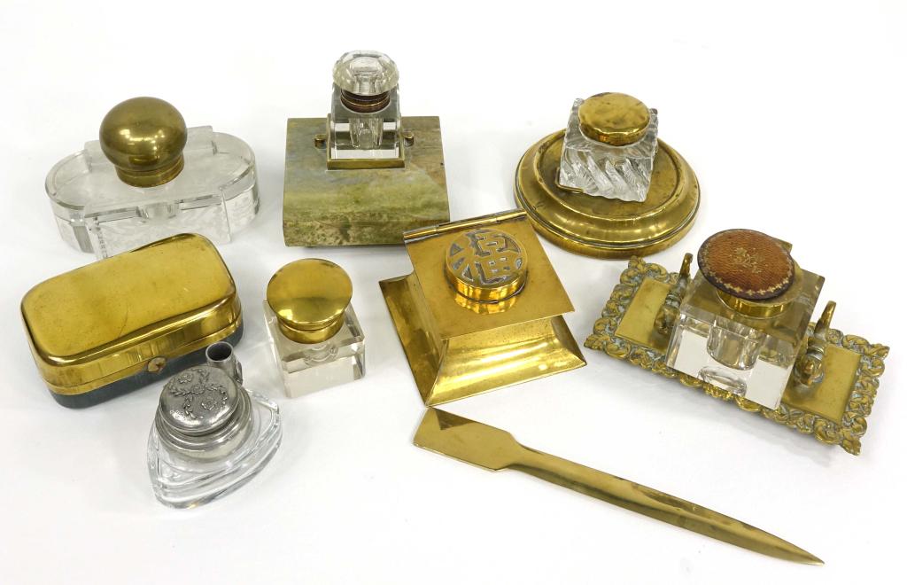 Brass Inkwells, Letter Opener & Pen Tray: 1 Double brass inkwell. 7 Inkwells. Brass letter opener. Brass pen tray