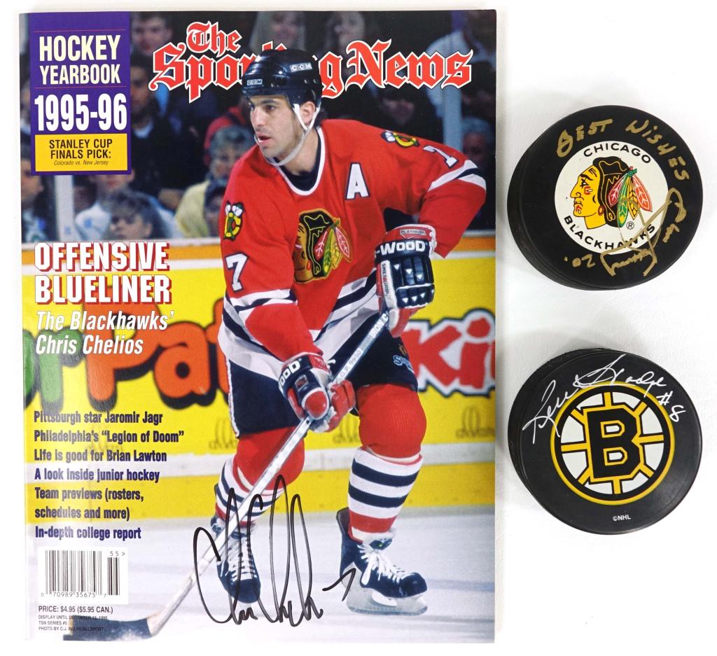 Blackhawks Hockey Signed Lot: Chelios, Hodge & Secord. Pucks signed by Hodge & Secord. Sporting News signed by Chris Chelios.