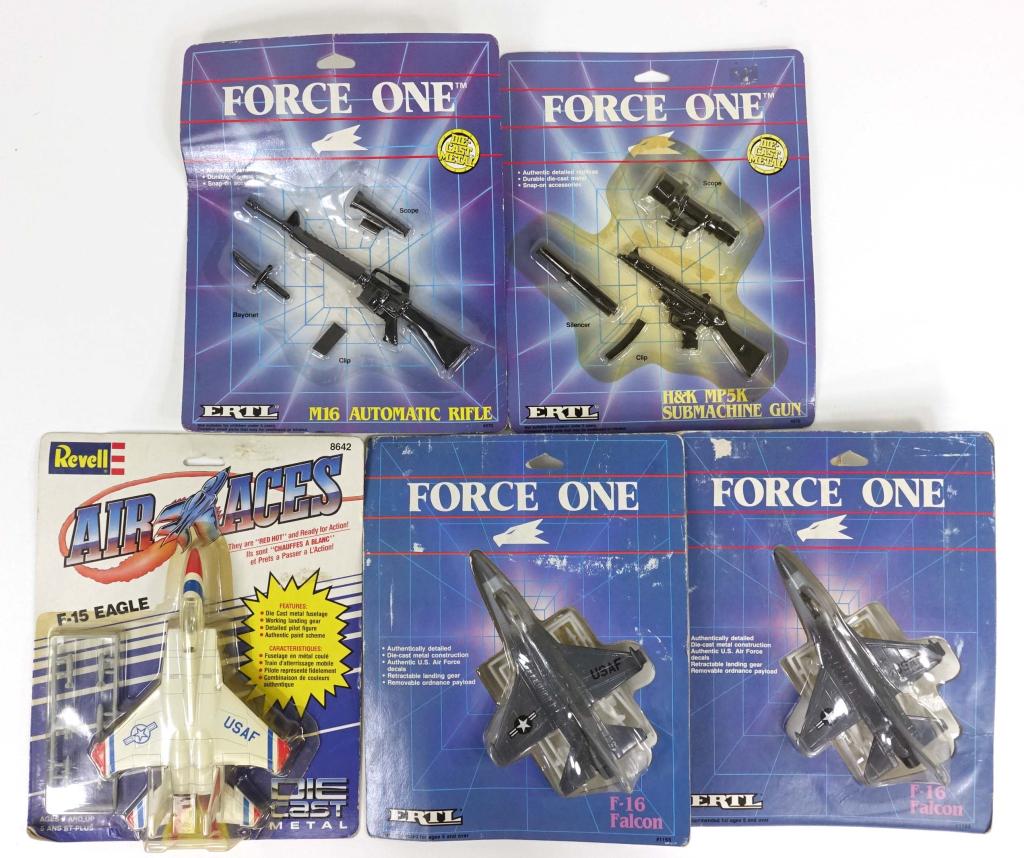 5 ERTL & Revell Diecast Military Models: 5 ERTL & Revell diecast military models. Contains 2 ERTL F-16 Falcon models, 1 Revell F-15 Eagle, & 2 MP5K submachine guns. All models in great condition still unopened.