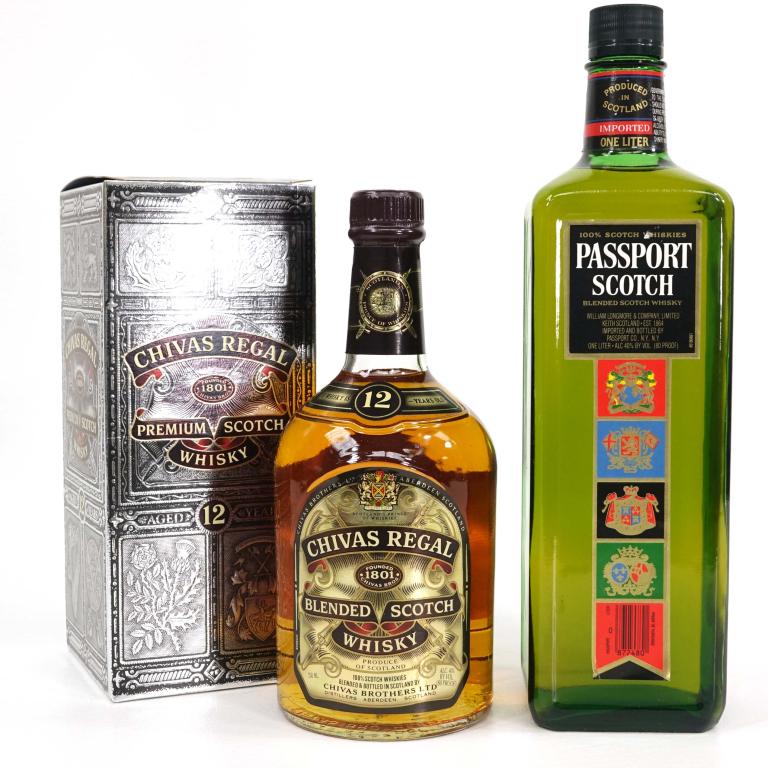 Chivas Regal & Passport Scotch Whisky Bottles: IF YOU MAY NEED SHIPPING YOU MUST SPEAK WITH IAN BEFORE BIDDING ON BOTTLES. Chivas Regal, 12 year old, in box, 80 proof, 750 ml. Passport Scotch, 80 proof, 1 L.